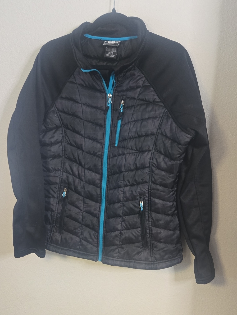 CB Branded Black Hybrid Puffer Jacket with Teal Trim